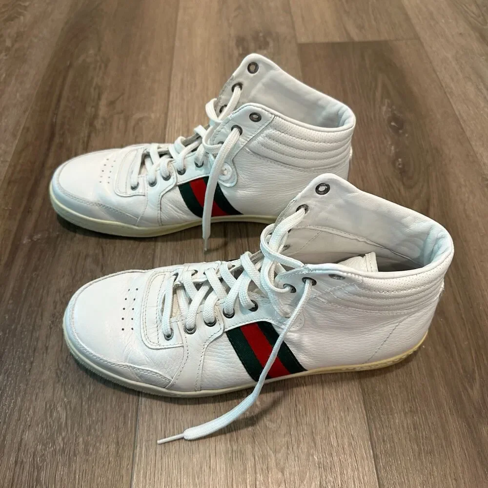 Vintage Leather Gucci High Top Sneakers Web Stripe Streetwear Size 43 / 10 US